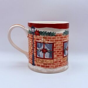 Sur La Table Christmas Village Cafe Mug Earthenware Snowy Winter Scene Red